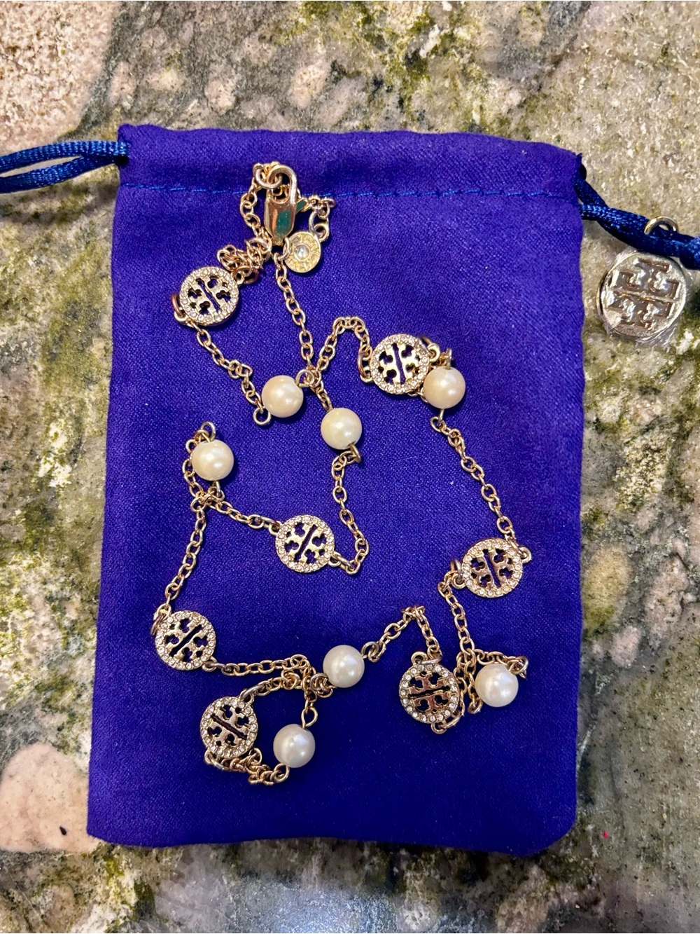 Tory Burch Gold-Tone Pave Pearl Miller Station Necklace -  Icon Medallions